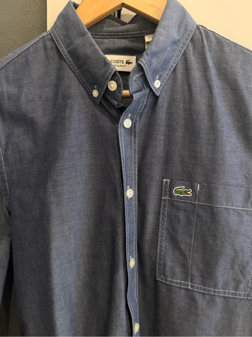 Lacoste Men’s Dark Blue Chambray Button-Down Shirt with Chest Pocket